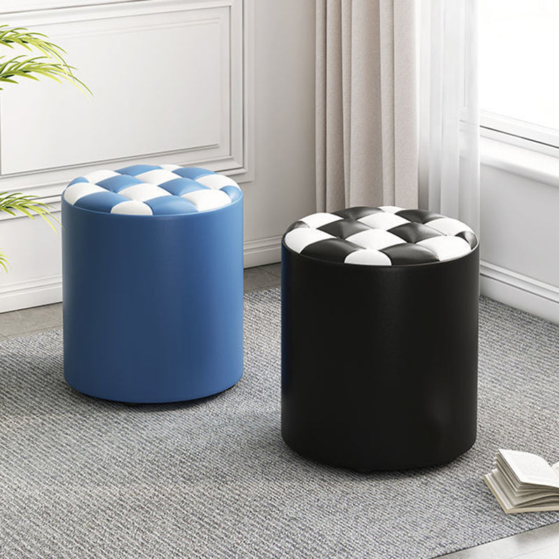 Modern Minimalist Plywood Faux Leather Checkerboard Cylinder Low Stool For Bedroom &amp; Living Room