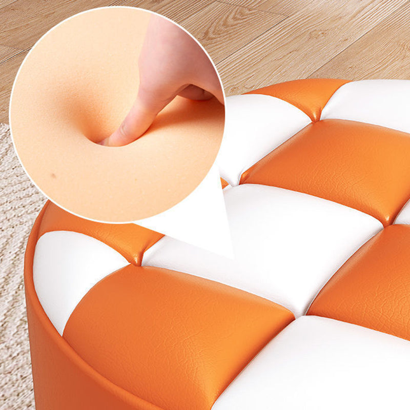 Modern Minimalist Plywood Faux Leather Checkerboard Cylinder Low Stool For Bedroom &amp; Living Room