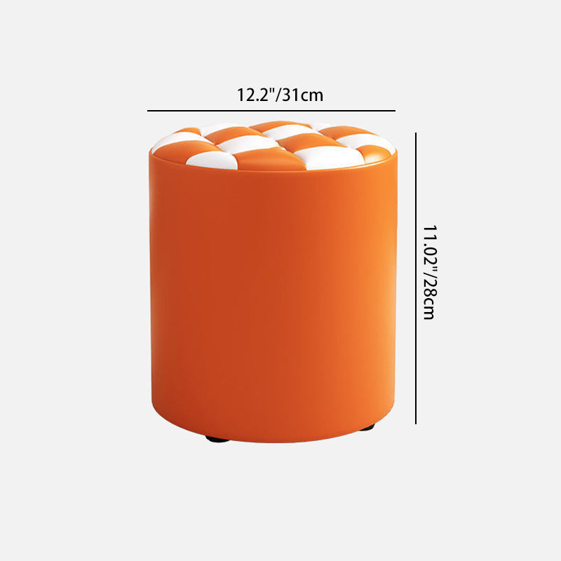 Modern Minimalist Plywood Faux Leather Checkerboard Cylinder Low Stool For Bedroom &amp; Living Room