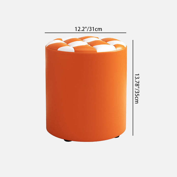 Modern Minimalist Plywood Faux Leather Checkerboard Cylinder Low Stool For Bedroom &amp; Living Room