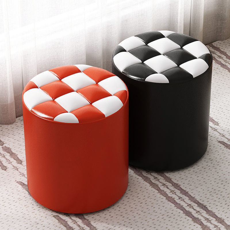 Modern Minimalist Plywood Faux Leather Checkerboard Cylinder Low Stool For Bedroom &amp; Living Room