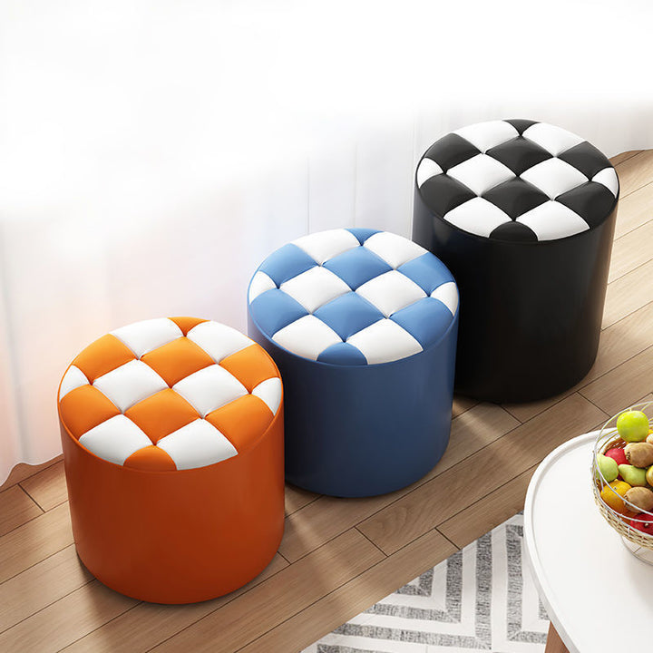 Modern Minimalist Plywood Faux Leather Checkerboard Cylinder Low Stool For Bedroom &amp; Living Room