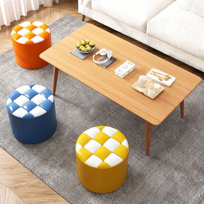 Modern Minimalist Plywood Faux Leather Checkerboard Cylinder Low Stool For Bedroom &amp; Living Room