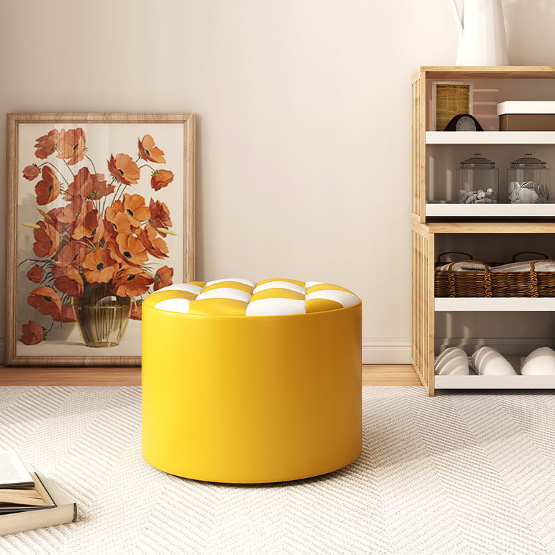 Modern Minimalist Plywood Faux Leather Checkerboard Cylinder Low Stool For Bedroom &amp; Living Room