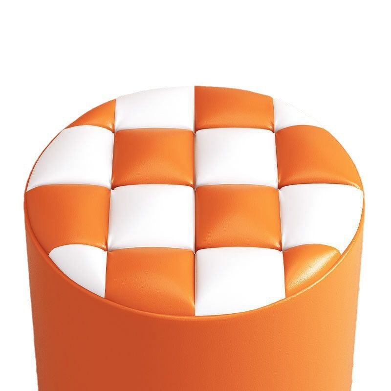 Modern Minimalist Plywood Faux Leather Checkerboard Cylinder Low Stool For Bedroom &amp; Living Room