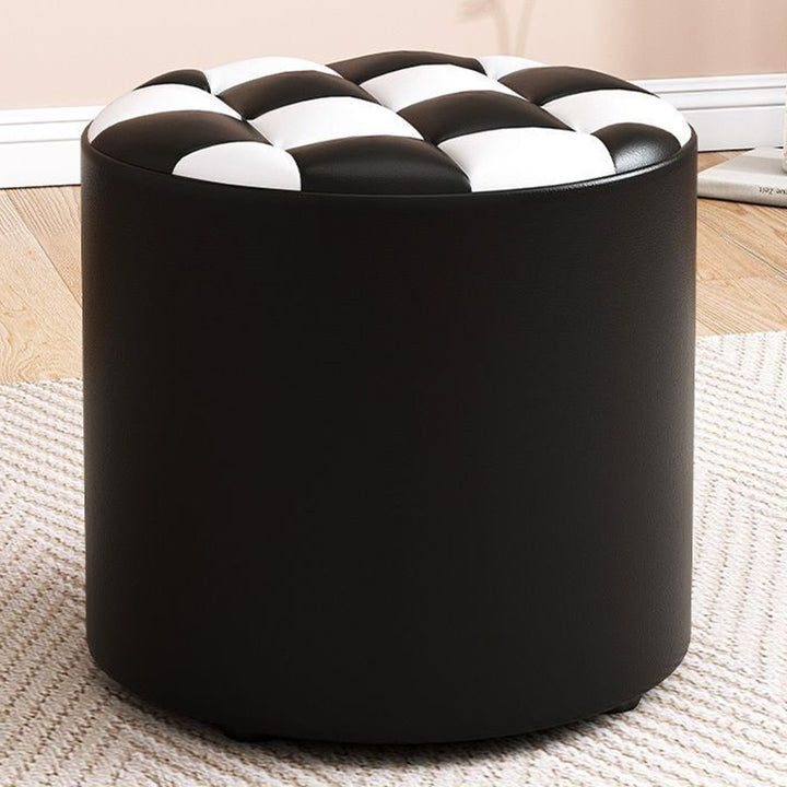 Modern Minimalist Plywood Faux Leather Checkerboard Cylinder Low Stool For Bedroom &amp; Living Room