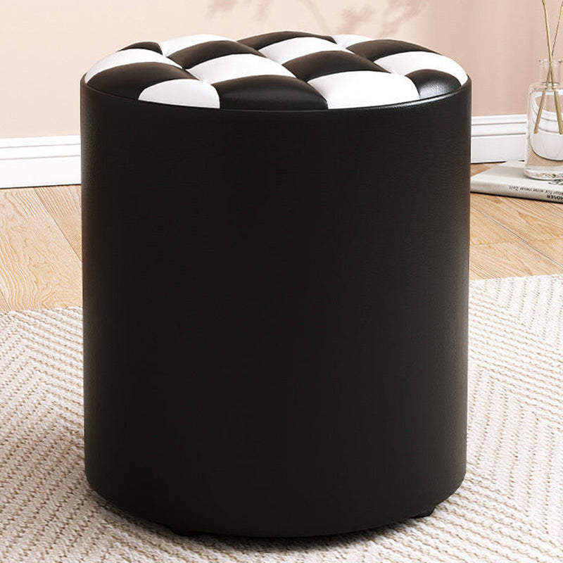 Modern Minimalist Plywood Faux Leather Checkerboard Cylinder Low Stool For Bedroom &amp; Living Room