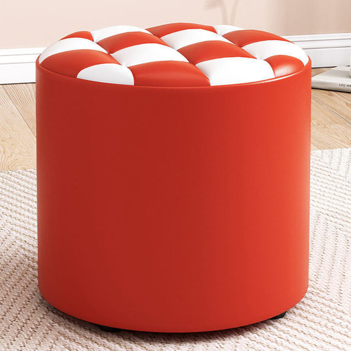 Modern Minimalist Plywood Faux Leather Checkerboard Cylinder Low Stool For Bedroom &amp; Living Room