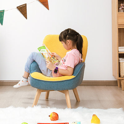 モダンミニマリストのテディベルベット＆ウッドのカーブソファチェア、折りたたみ式背もたれ付き、子供部屋＆リビングルーム用 