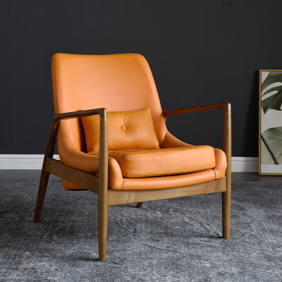 Contemporary Nordic Leather, Fabric & Wood Curved Accent Chair For Bedroom & Living Room