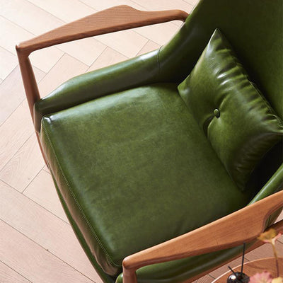 Contemporary Nordic Leather, Fabric & Wood Curved Accent Chair For Bedroom & Living Room