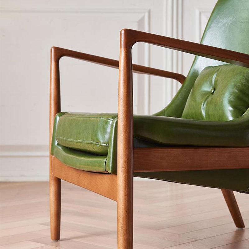 Contemporary Nordic Leather, Fabric & Wood Curved Accent Chair For Bedroom & Living Room
