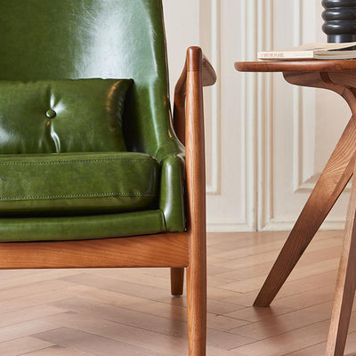 Contemporary Nordic Leather, Fabric & Wood Curved Accent Chair For Bedroom & Living Room