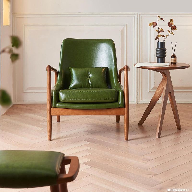 Contemporary Nordic Leather, Fabric & Wood Curved Accent Chair For Bedroom & Living Room