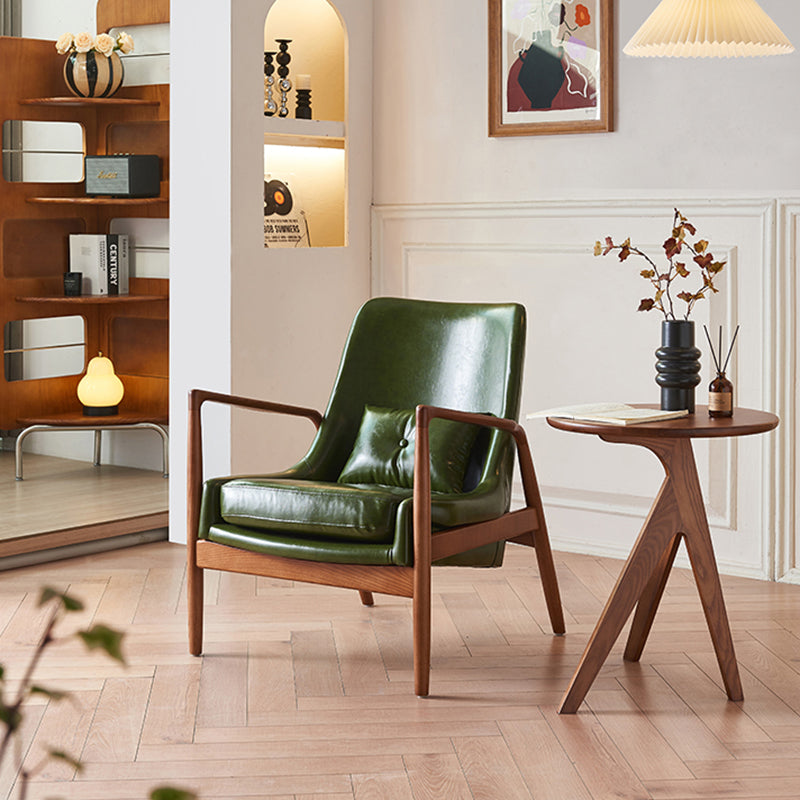 Contemporary Nordic Leather, Fabric & Wood Curved Accent Chair For Bedroom & Living Room