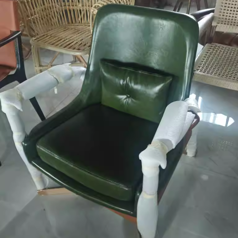 Contemporary Nordic Leather, Fabric & Wood Curved Accent Chair For Bedroom & Living Room