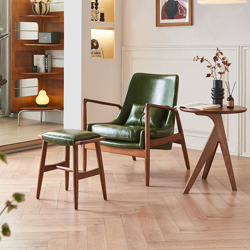 Contemporary Nordic Leather, Fabric & Wood Curved Accent Chair For Bedroom & Living Room