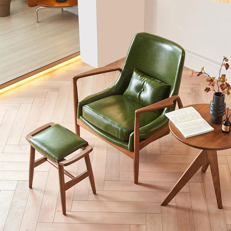 Contemporary Nordic Leather, Fabric & Wood Curved Accent Chair For Bedroom & Living Room