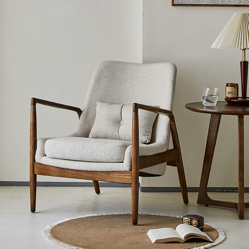 Contemporary Nordic Leather, Fabric & Wood Curved Accent Chair For Bedroom & Living Room