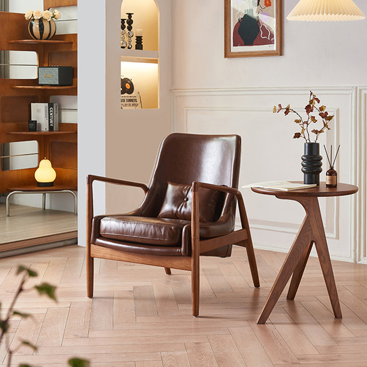 Chaise d'appoint courbée en cuir, tissu et bois nordique contemporain pour chambre et salon 