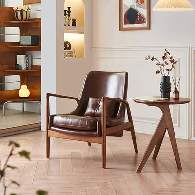 Contemporary Nordic Leather, Fabric & Wood Curved Accent Chair For Bedroom & Living Room