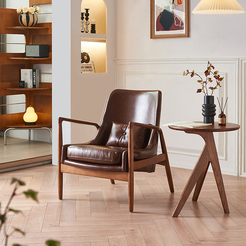 Contemporary Nordic Leather, Fabric & Wood Curved Accent Chair For Bedroom & Living Room