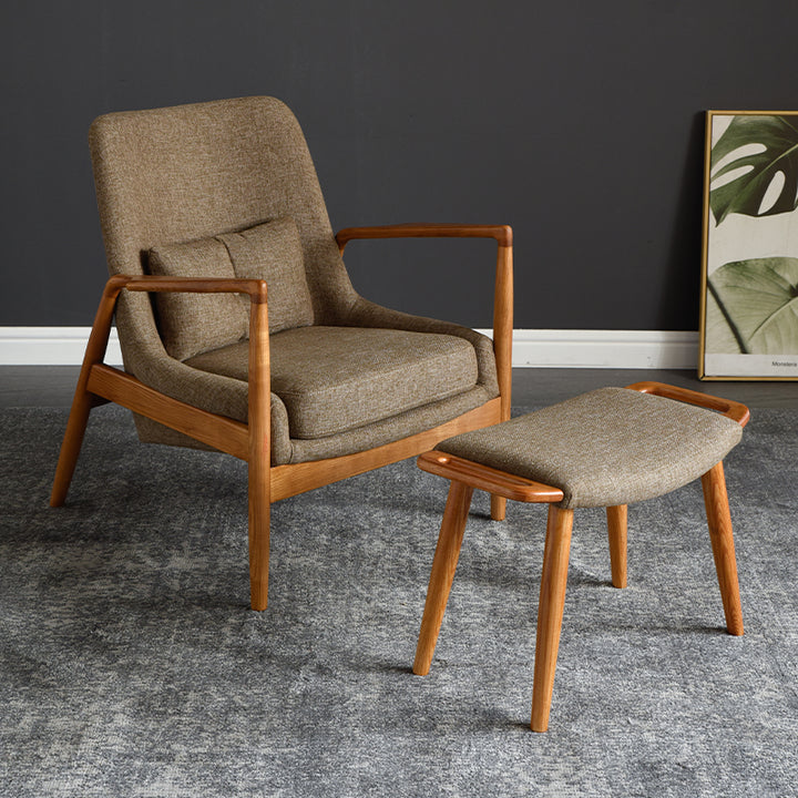 Zeitgenössischer nordischer Leder-, Stoff- &amp; Holz-Akzentstuhl mit geschwungener Form für Schlafzimmer &amp; Wohnzimmer 