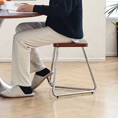 Taburete bajo rectangular contemporáneo de madera nórdica y acero inoxidable con base triangular para dormitorio, sala de estar, comedor 