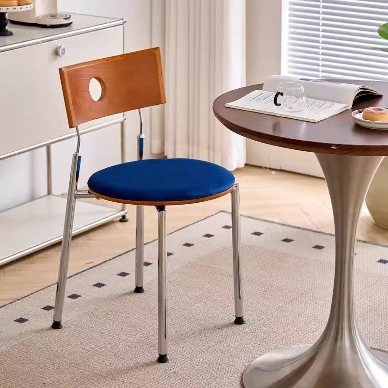 Chaise de salle à manger ronde incurvée en velours vintage traditionnel, bois et acier inoxydable pour chambre, salon et cuisine 
