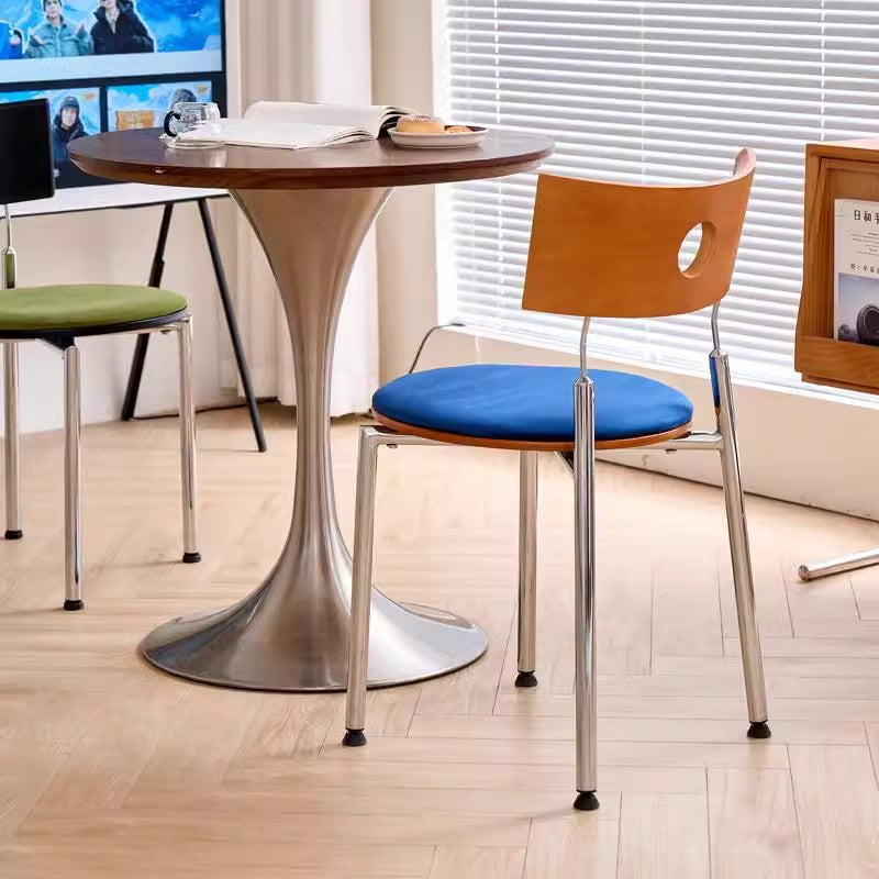 Chaise de salle à manger ronde incurvée en velours vintage traditionnel, bois et acier inoxydable pour chambre, salon et cuisine 