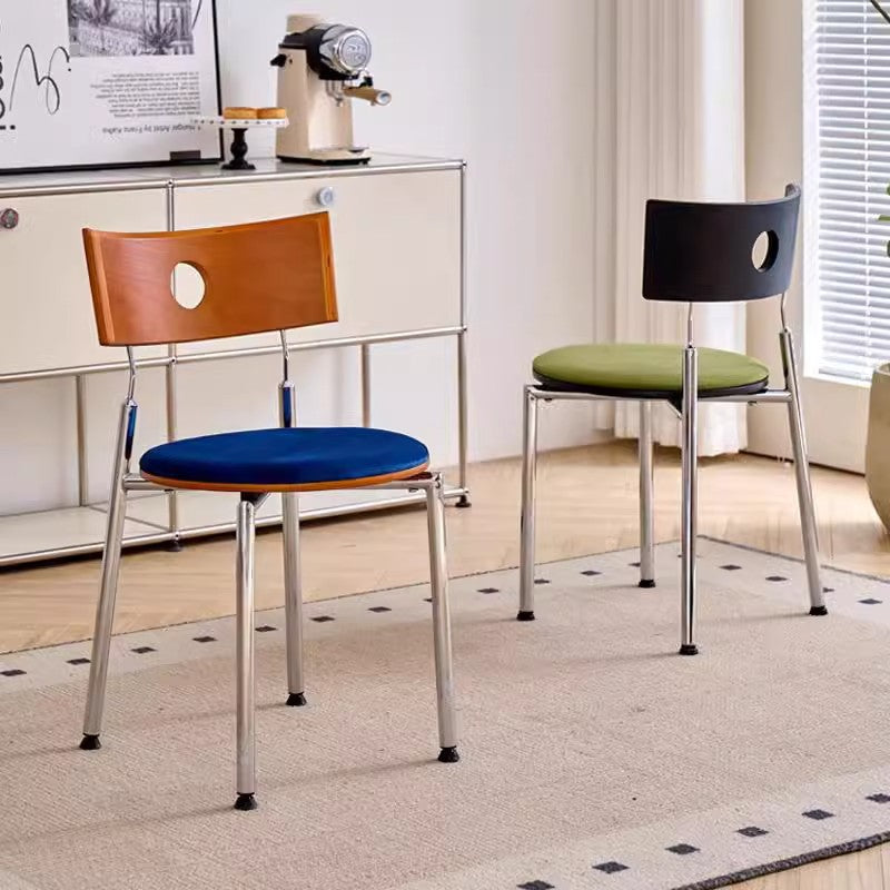 Chaise de salle à manger ronde incurvée en velours vintage traditionnel, bois et acier inoxydable pour chambre, salon et cuisine 