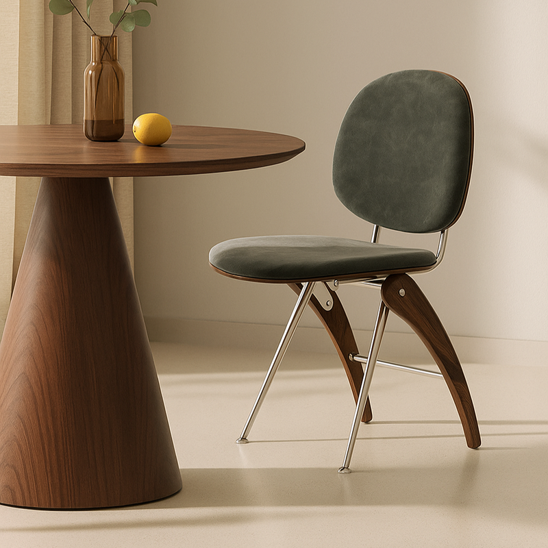 Modern Mid-Century Leather, Wood & Stainless Steel Round Dining Chair For Bedroom, Living Room & Dining Room