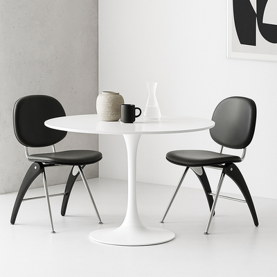 Modern Mid-Century Leather, Wood & Stainless Steel Round Dining Chair For Bedroom, Living Room & Dining Room