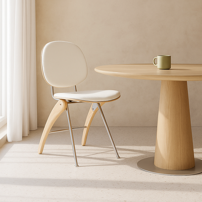 Modern Mid-Century Leather, Wood & Stainless Steel Round Dining Chair For Bedroom, Living Room & Dining Room