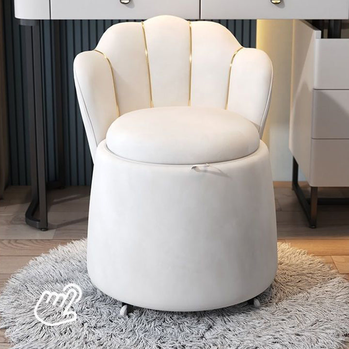 Tabouret de coiffeuse rond en velours nordique contemporain et en bois en forme de pétale avec 1 rangement pour chambre et salon 