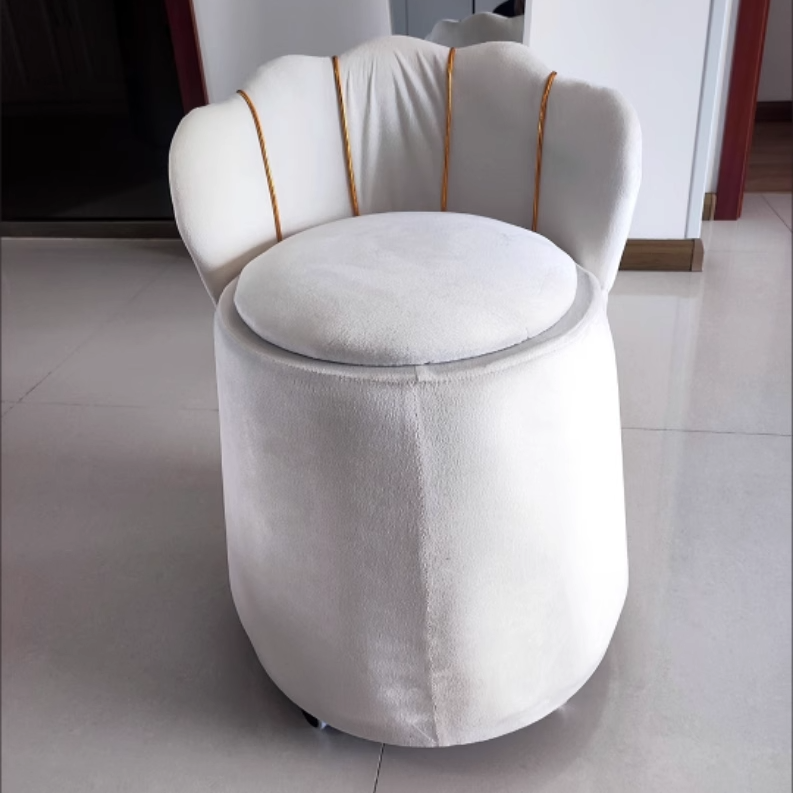 Tabouret de coiffeuse rond en velours nordique contemporain et en bois en forme de pétale avec 1 rangement pour chambre et salon 