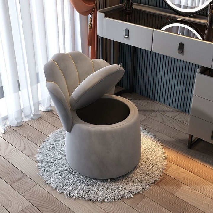 Tabouret de coiffeuse rond en velours nordique contemporain et en bois en forme de pétale avec 1 rangement pour chambre et salon 