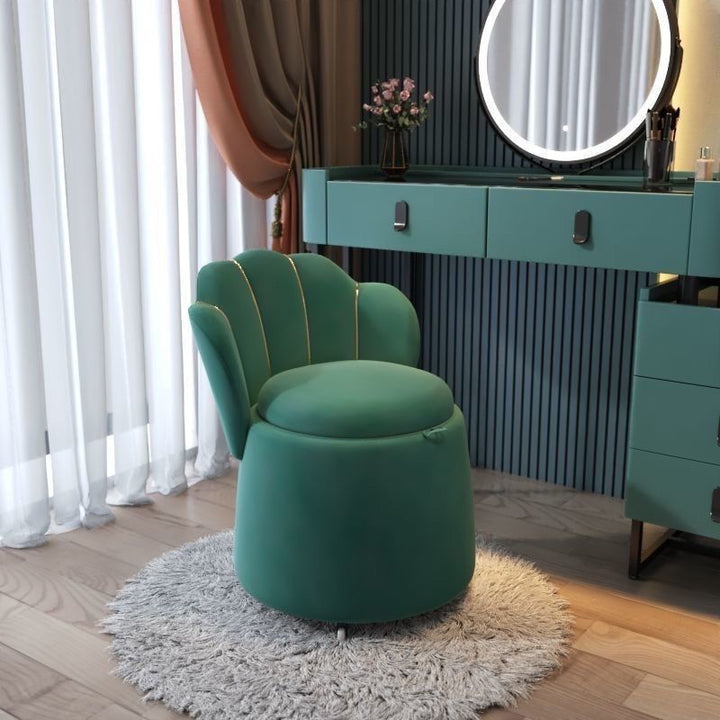 Tabouret de coiffeuse rond en velours nordique contemporain et en bois en forme de pétale avec 1 rangement pour chambre et salon 