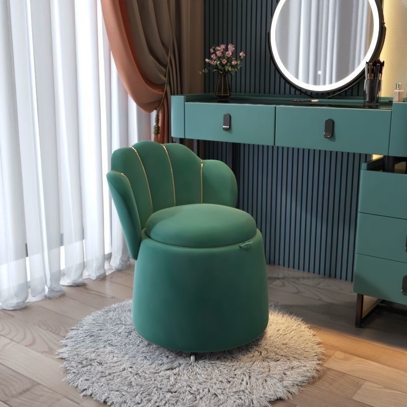 Tabouret de coiffeuse rond en velours nordique contemporain et en bois en forme de pétale avec 1 rangement pour chambre et salon 