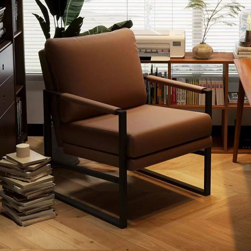 Contemporary Nordic Faux Nappa Leather &amp; Iron Square Accent Chair For Bedroom &amp; Living Room