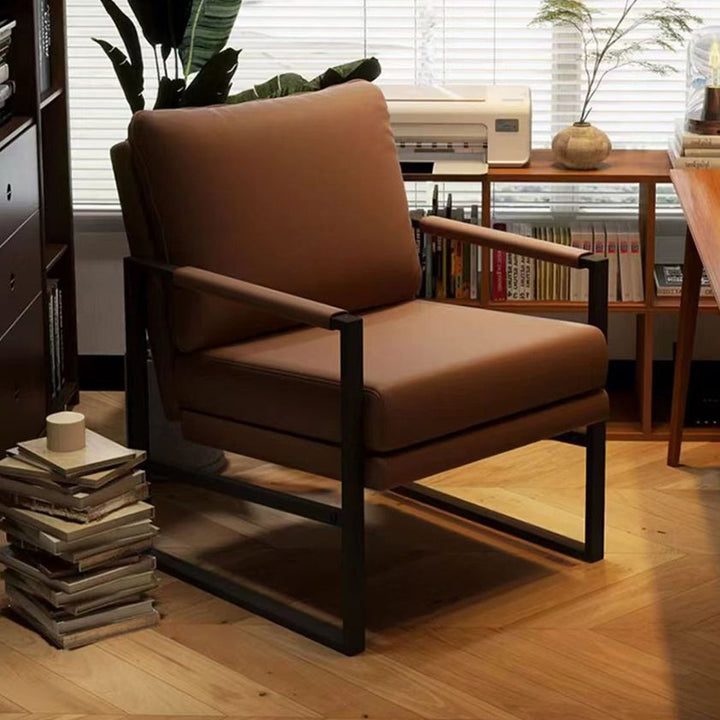 Contemporary Nordic Faux Nappa Leather &amp; Iron Square Accent Chair For Bedroom &amp; Living Room