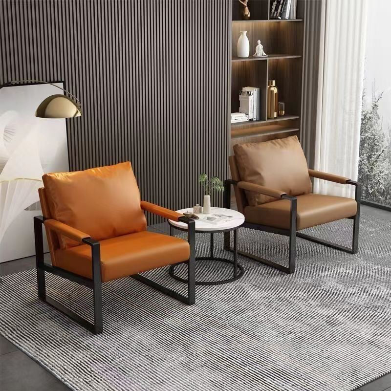 Contemporary Nordic Faux Nappa Leather &amp; Iron Square Accent Chair For Bedroom &amp; Living Room