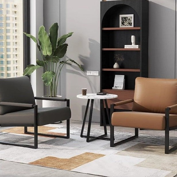 Contemporary Nordic Faux Nappa Leather &amp; Iron Square Accent Chair For Bedroom &amp; Living Room