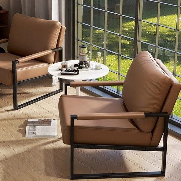 Contemporary Nordic Faux Nappa Leather &amp; Iron Square Accent Chair For Bedroom &amp; Living Room