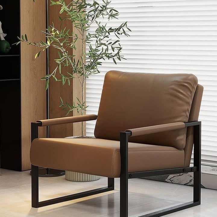 Contemporary Nordic Faux Nappa Leather &amp; Iron Square Accent Chair For Bedroom &amp; Living Room