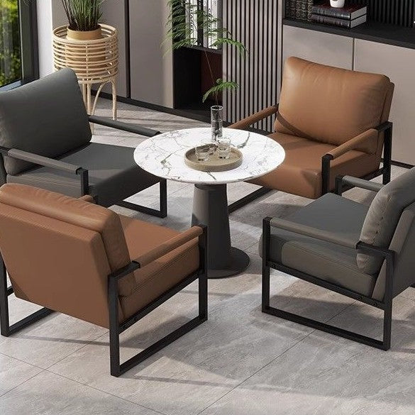 Contemporary Nordic Faux Nappa Leather &amp; Iron Square Accent Chair For Bedroom &amp; Living Room