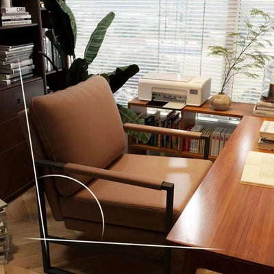 Silla de acento cuadrada contemporánea de cuero nórdico e hierro para dormitorio y sala de estar 