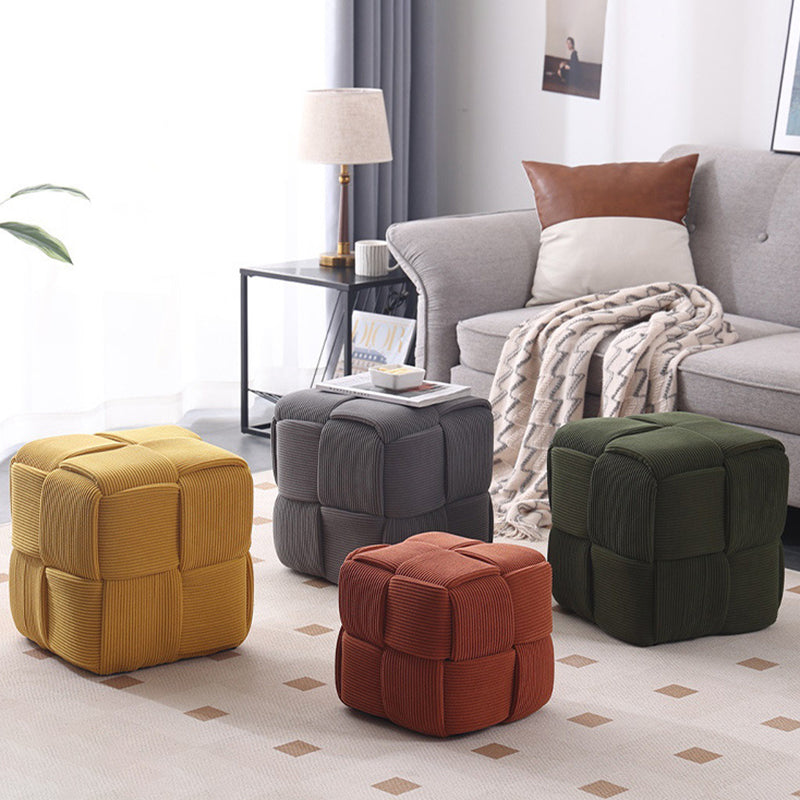Contemporary Nordic Corduroy Solid Wood Square Cube Low Stool With Anti-Slip Feet For Bedroom &amp; Living Room