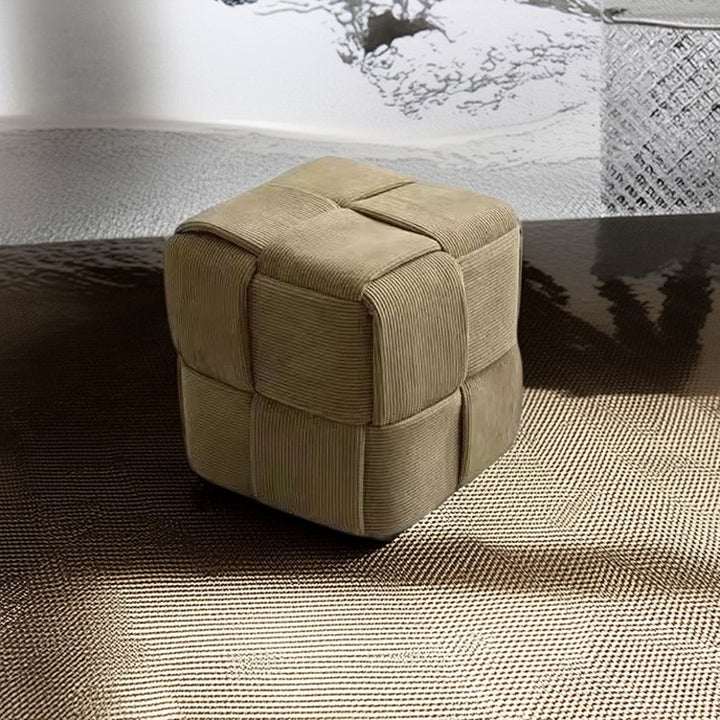 Contemporary Nordic Corduroy Solid Wood Square Cube Low Stool With Anti-Slip Feet For Bedroom &amp; Living Room
