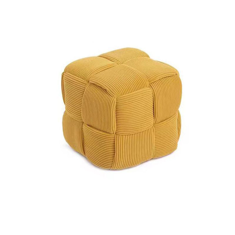 Contemporary Nordic Corduroy Solid Wood Square Cube Low Stool With Anti-Slip Feet For Bedroom &amp; Living Room